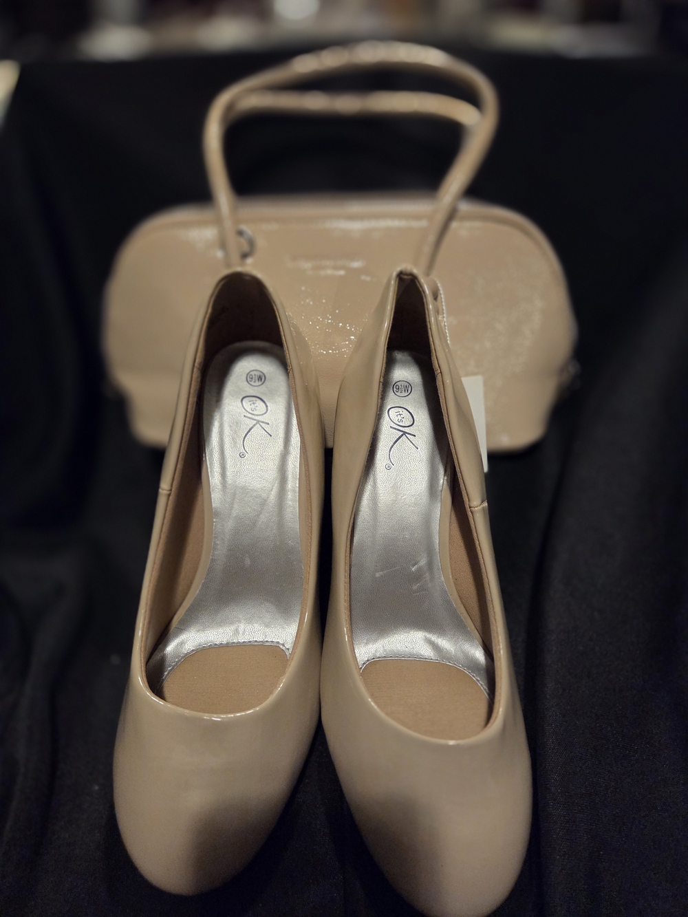 Purse And Shoe Set. Nude Patent Pump Heels - Nude Purse.